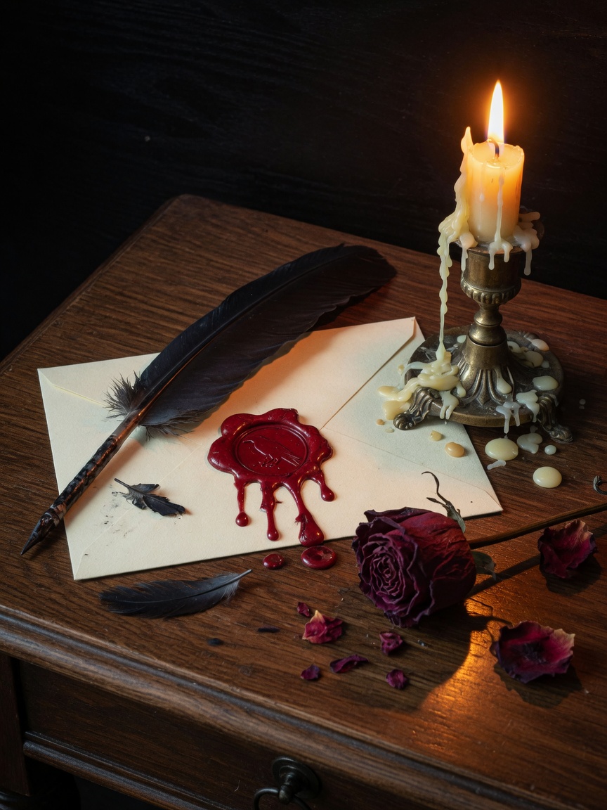 A cream envelope sealed with dripping crimson wax, a raven-feather quill, a brass candlestick, and a dried burgundy rose on a walnut desk.