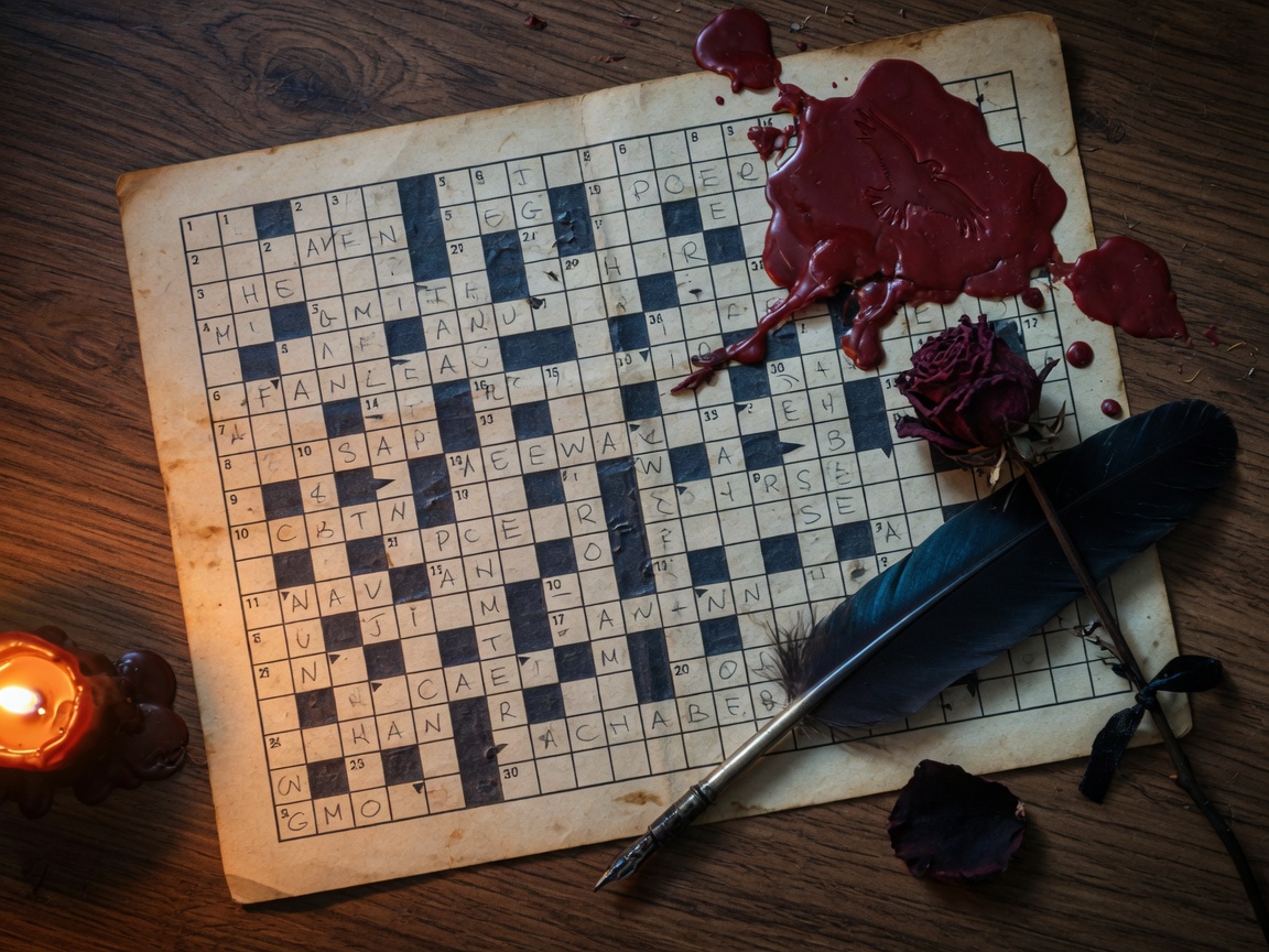 An aged crossword puzzle on walnut, sealed with crimson wax beside a raven-feather quill.