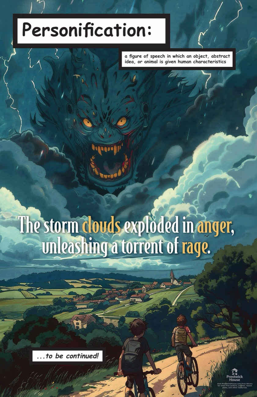 Prestwick House Personification poster from the Dark Literary Devices set: a storm-cloud face over a country road.