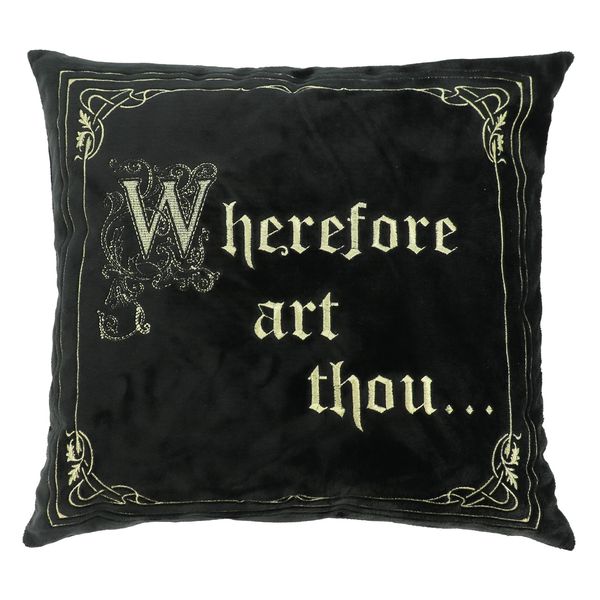 Black velvet throw pillow embroidered with “Wherefore art thou…” in gold script.
