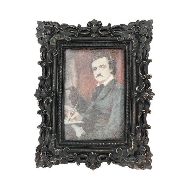 Framed portrait of Edgar Allan Poe in an ornate black frame.