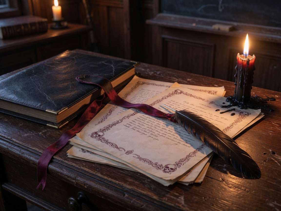 A leather book, ribbon, and handwritten pages on a candlelit school desk.