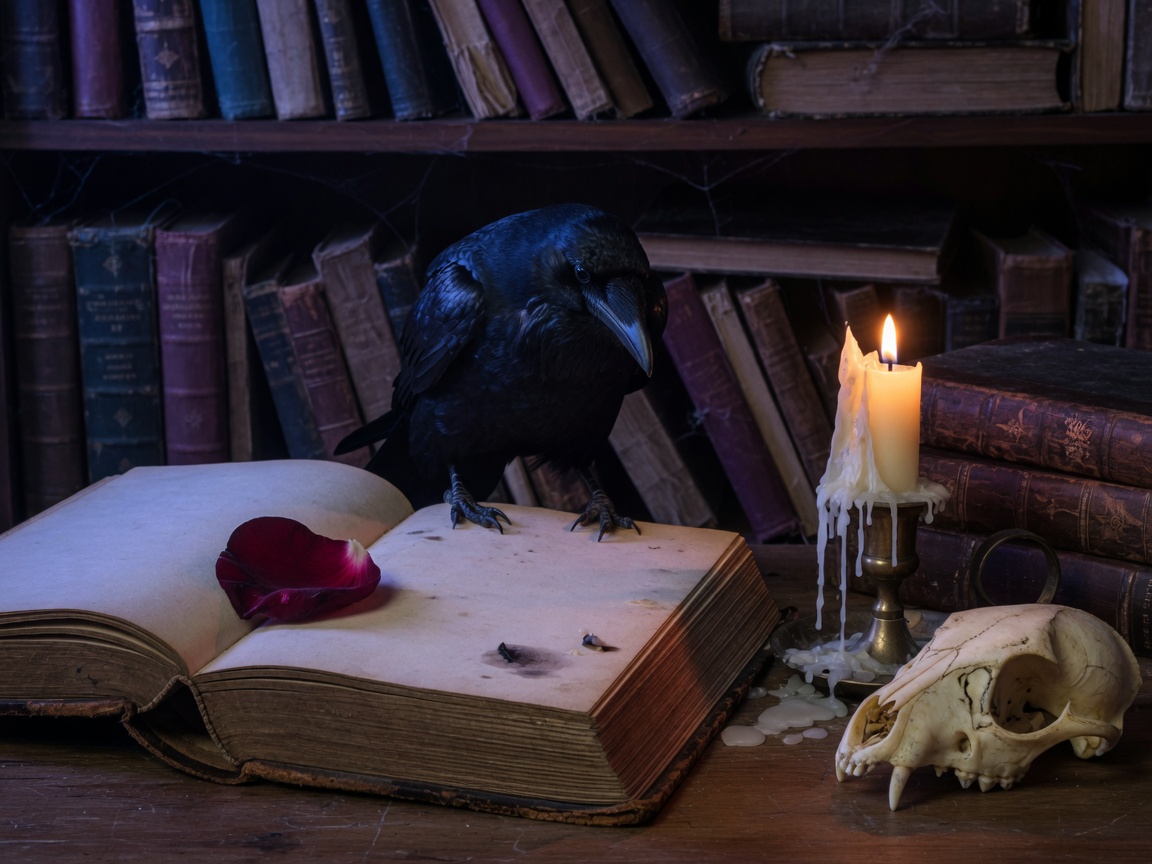 A raven standing on an open leather book beside a candle in a dark library.