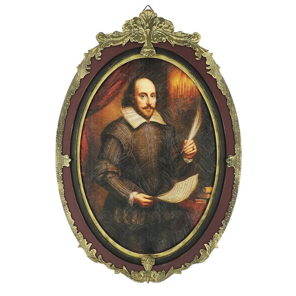 Oval portrait of William Shakespeare in a distressed gold frame.