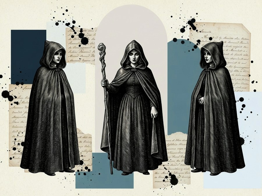 The three witches of Macbeth standing apart from one another, set in a paper collage
