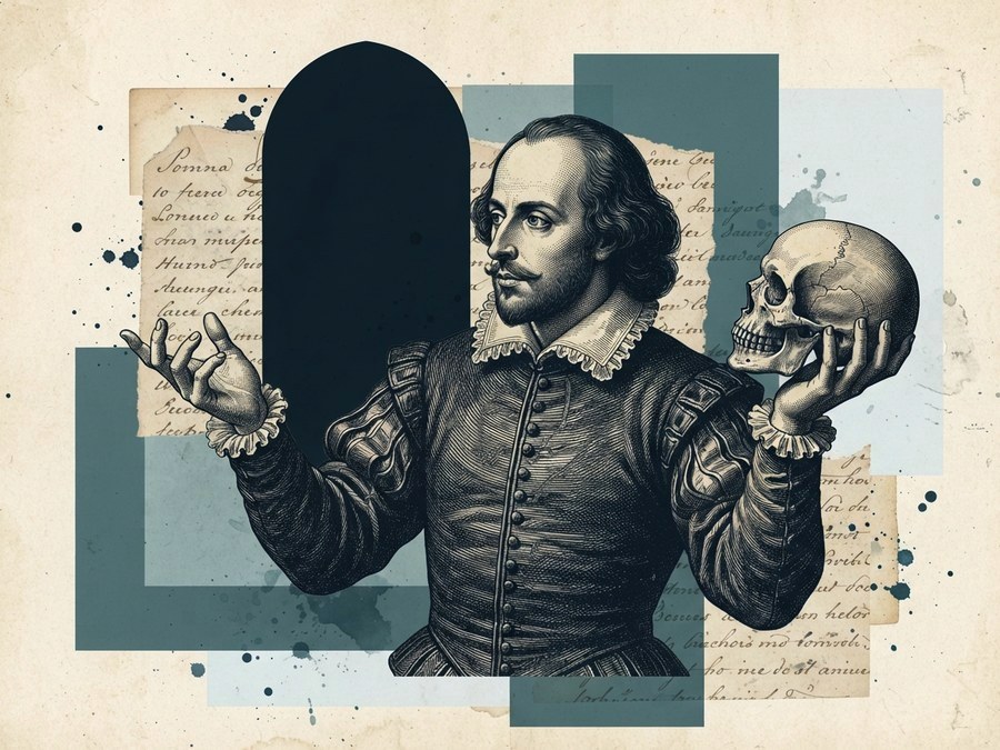 An engraved portrait of Shakespeare holding a skull at arm's length, set in a paper collage