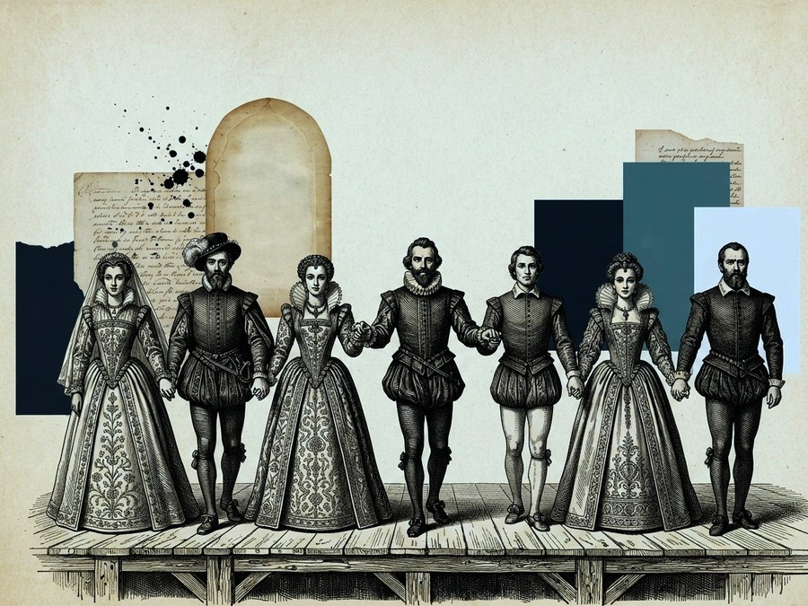 A company of Elizabethan players taking a curtain call on a timber stage, set in a paper collage