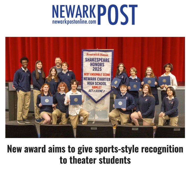 Newark Charter High School students with their 2025 Shakespeare Honors Best Ensemble Scene banner