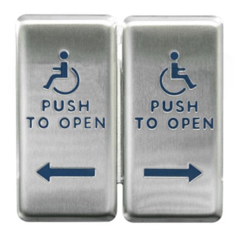 BEA 4" x 4" Dual Push Plt for Vestibules w/blue Hdcp Logo, Arrow & "Push to Open" text 10PBDGP1