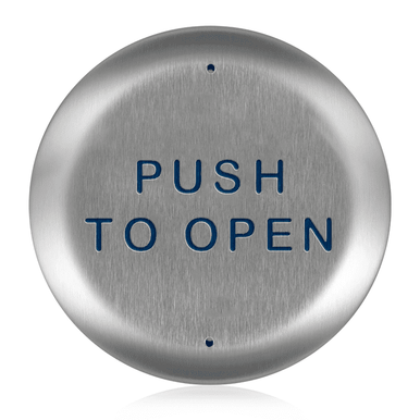 BEA 4.5" Round Push Plate w/blue "Push to Open" text only 10PBR45