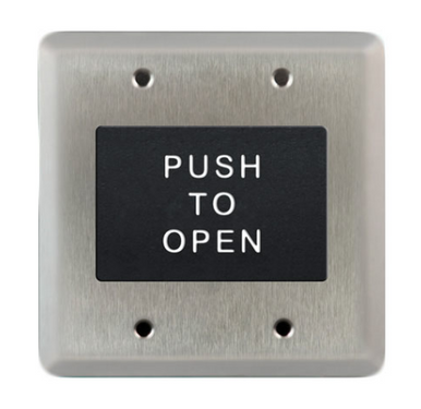 BEA 4.5 Square Push Plate w/white "Push to Open" text on Black Plastic Background 10PBS2GBLK"