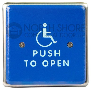 BEA 4.5 Square Blue-Faced Push Plate w/white Handicap Logo & "Push to Open" text 10PBS451B"