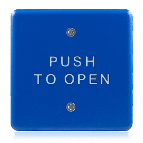 BEA 4.5" Square Blue-Faced Push Plate w/white "Push to Open" text 10PBS45B