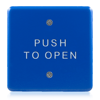 BEA 4.5" Square Blue-Faced Push Plate w/white "Push to Open" text 10PBS45B