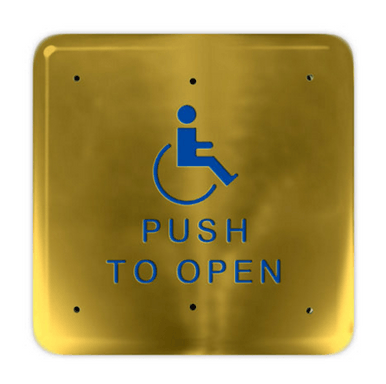 BEA 4.75 Sqr Satin-Finish Brass Push Plt w/blue Hdcp Logo & "Push to Open" text 10PBS1SB"