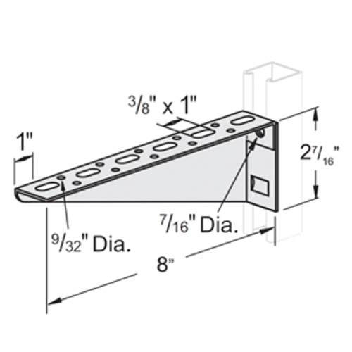 SHELF BRACKET W/SLOTS AND HOLES, 8" LEFT HAND - ELECTRO GALVANIZED
