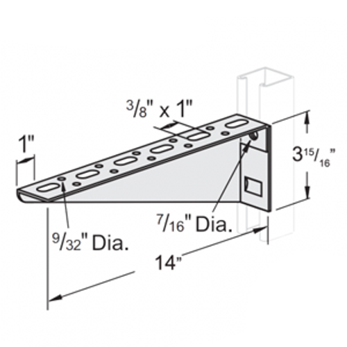 SHELF BRACKET W/SLOTS AND HOLES, 14" LEFT HAND - ELECTRO GALVANIZED