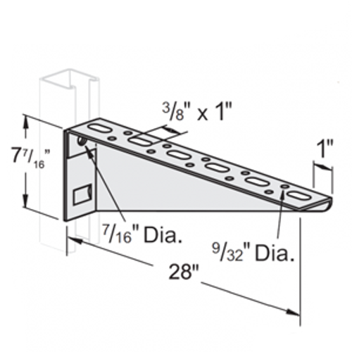 SHELF BRACKET W/SLOTS AND HOLES, 28" RIGHT HAND - ELECTRO GALVANIZED