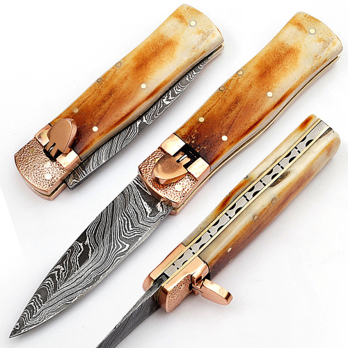 Urban Cowboy Automatic Damascus Steel Lever Lock Knife