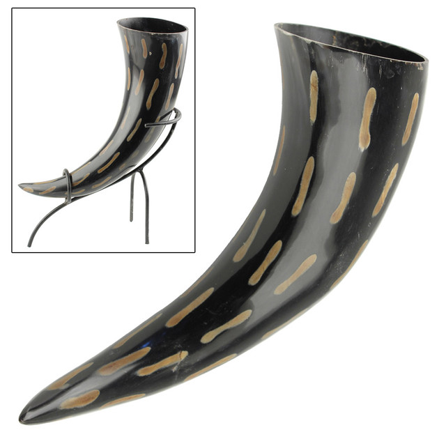 Fire Burned Medieval Drinking Horn with Metal Stand Fire Burned Medieval Drinking Horn with Metal Stand