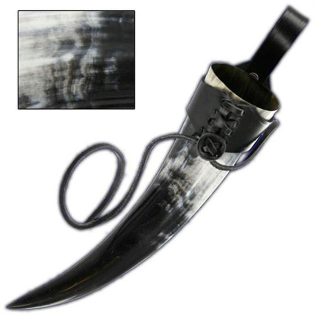 Medieval Viking Drinking Horn & Black Leather Holder