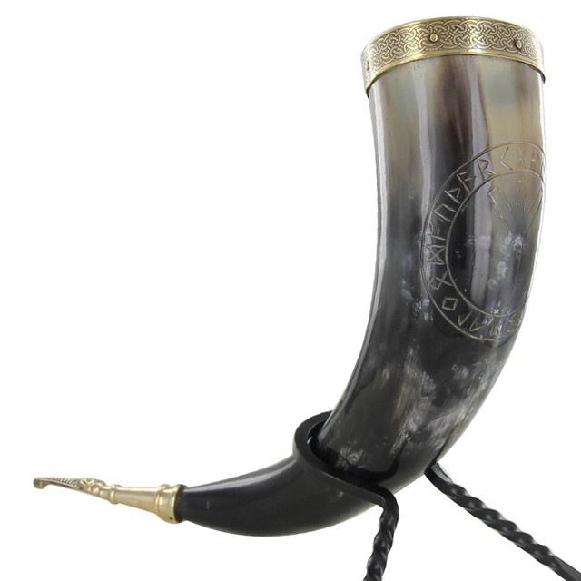 Algiz Protection Viking Handmade Stand Drinking Horn Set Algiz Protection Viking Handmade Stand Drinking Horn Set