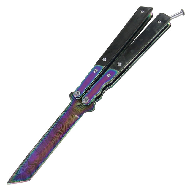 Eye of the Tiger Rainbow Damascus Steel Butterfly Knife Eye of the Tiger Rainbow Damascus Steel Butterfly Knife