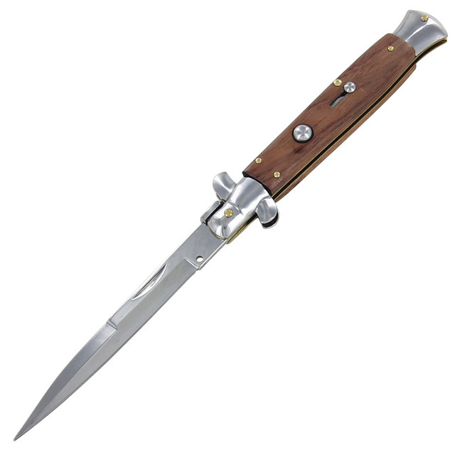 Automatic Switchblade Stiletto Knife With Wood Handle & Brass Accents