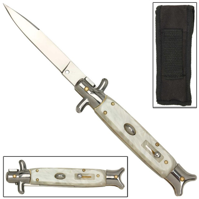 Automatic Italian Stiletto Pearl White Handle Switchblade Knife