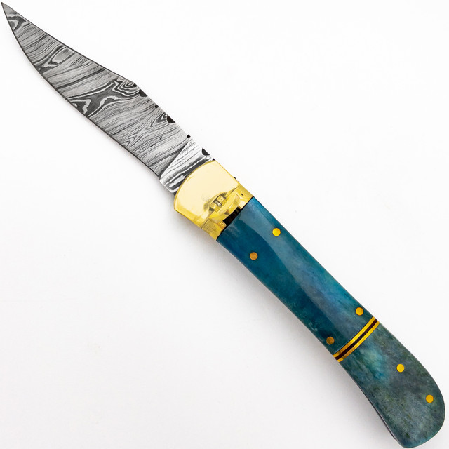 Titan Falls Damascus Clip Point Automatic Switchblade Lever Lock Knife