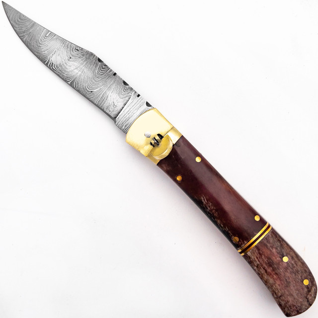 Bleeding Sky Damascus Clip Point Automatic Switchblade Lever Lock Knife