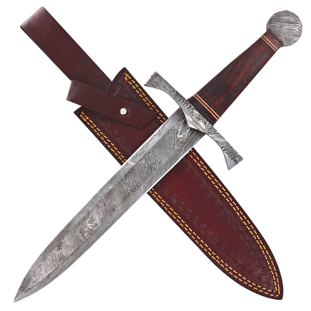 Damascus Steel Arming Dagger | Blended Steel Full Tang Short Sword with Leather Sheath
