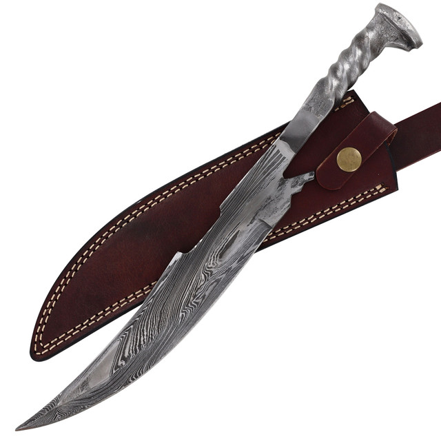 Damascus Steel Collectable Railroad Spike Knife | Locomotive Spike Knife with Leather Sheath