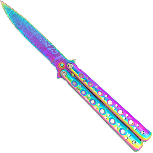 Mutation Warning Balisong Flipper Butterfly Knife | Titanium Damascus | Drop Point Blade