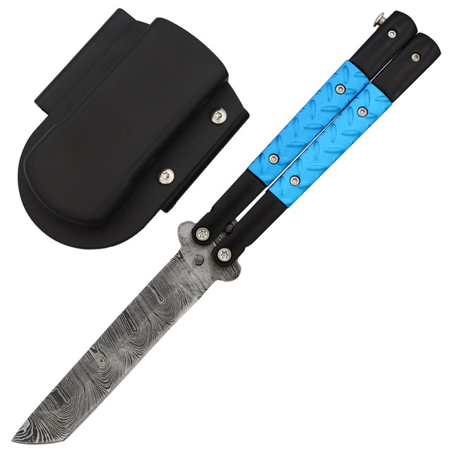 Azure Sky Butterfly Knife with Hard ABS Sheath | Damascus Steel | Tanto Point Blade