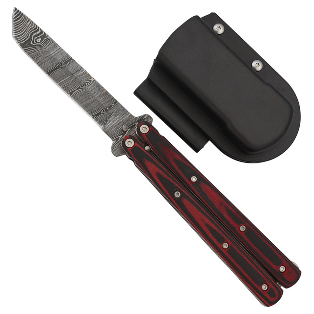 Micarta Simple Butterfly Red & Black Knife w/ ABS Belt Holster | Damascus Steel Blade | Tanto Point