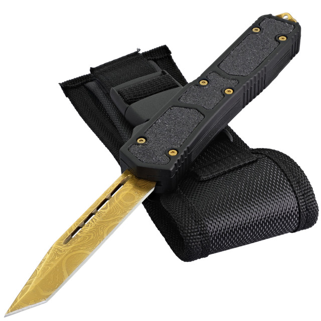 Burning Light Etched Damascus Pattern Gold Tanto Blade Automatic OTF Knife w/ Textured Non-Slip Handle & Black Nylon Sheath