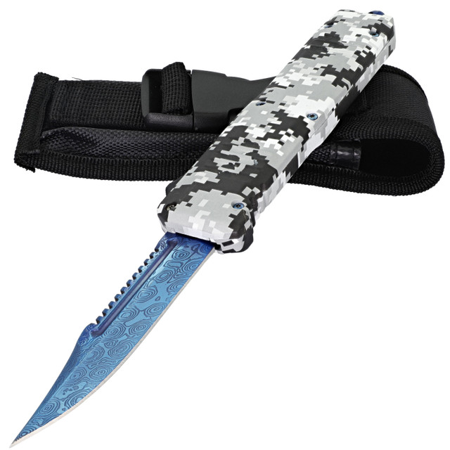 Pelting Deluge Damascus Textured Blue Clip Point Blade OTF Out the Front Knife w/ Belt Clip, Glass Breaker, & Nylon Sheath Included