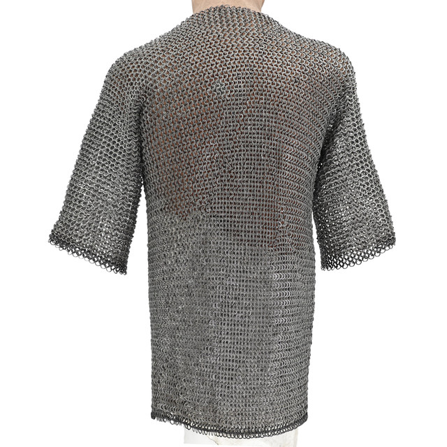 Riveted Chainmail Shirt with Half Sleeves and Black Trim, Zinc-Plated for Enhanced Protection