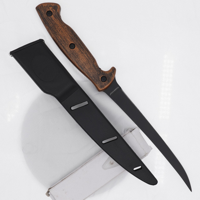 Tactical Slim Fillet Knife –Black Blade, Hardwood Handle & Belt Clip Sheath