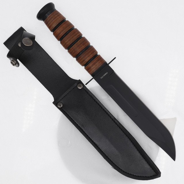 Tactical Survival Knife – Black Clip Point Blade & Leather Handle