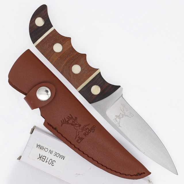 Hardwood Handle Hunting Knife – Satin Drop Point Blade & Leather Sheath