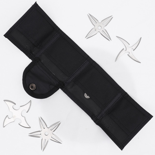4 Piece Stainless Steel Ninja Throwing Stars Set with Nylon Pouch