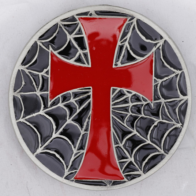 Pewter Templar Cross Spiderweb Belt Buckle