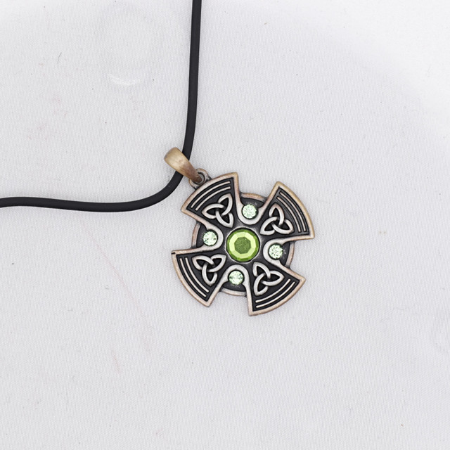 Celtic Cross Pendant with Green Stone on Cord