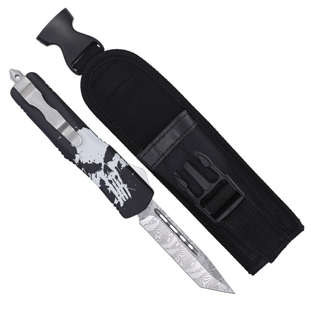 Snow Camo Out-The-Front Automatic Knife with Damascus Style Blade