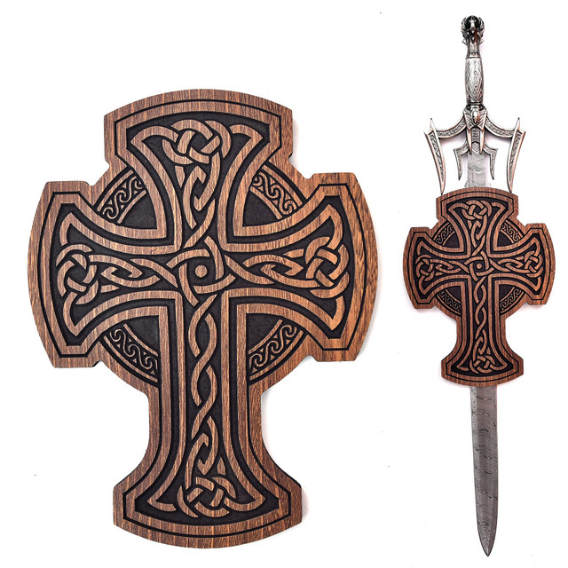 Medieval Carved Cross Wooden Sword Wall Mount