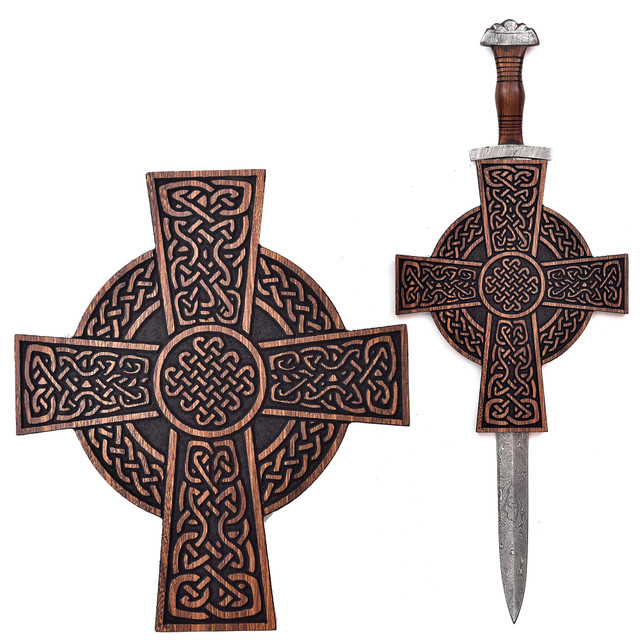 Viking-Style Wooden Sword Plaque – Carved Knot Pattern Display