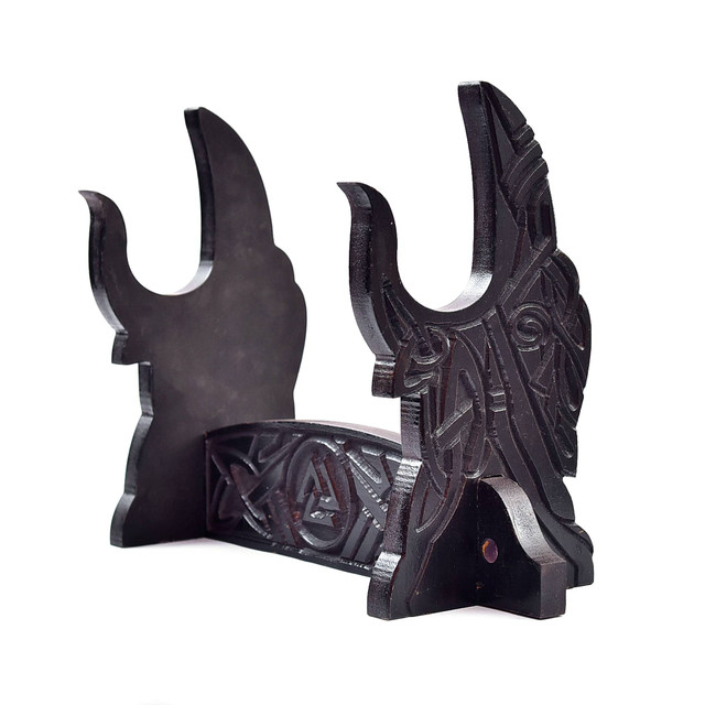 Handcrafted Wooden Sword Display Stand – Norse Table Holder for Collectibles
