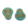 Czech Glass 20x17mm Sugar Skull Coin - Turquoise Opaque with Gold Wash